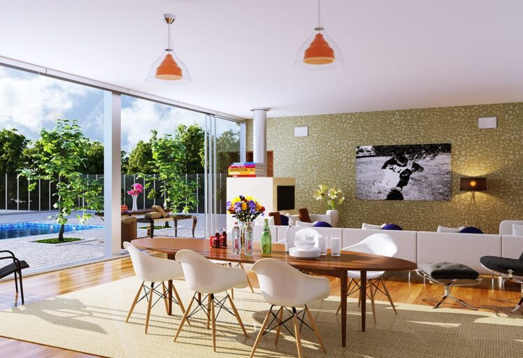 Modern open-plan dining and living room with pool view, natural light, and stylish furniture.