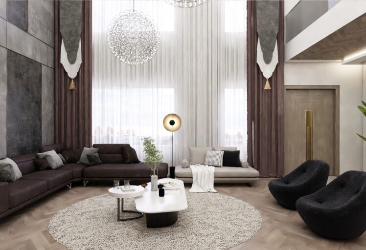 Elegant modern living room interior with neutral tones, stylish furniture, and ambient lighting.