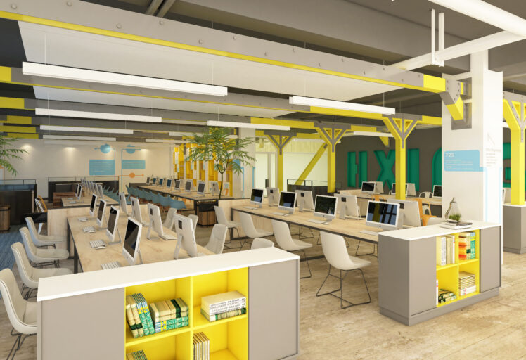 Modern open-plan office with long desks, iMacs, yellow shelves, and industrial design