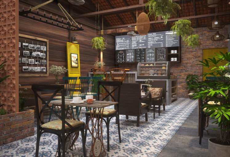 Cozy café interior design featuring rustic wood, hanging plants, tiled floor, and a chalkboard menu.