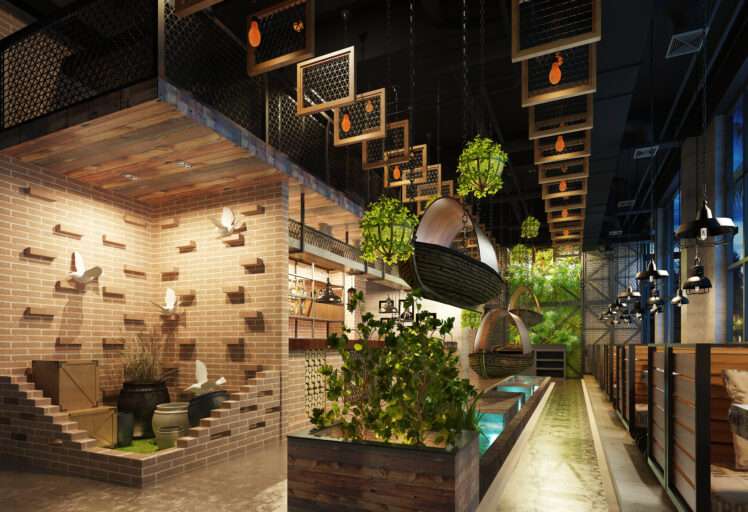 Rustic restaurant interior with hanging boat seats, brick walls, greenery, and creative lighting.