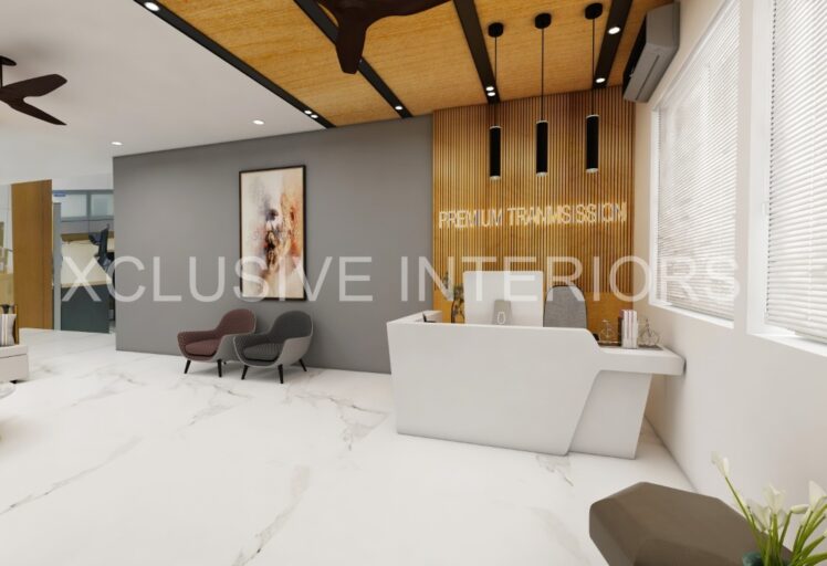 Modern reception area with elegant interior design by Xclusive Interiors featuring wood accents.