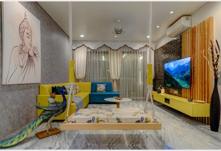 Modern living room with a swing, yellow sofa, TV, marble floor, and Buddha wall art.