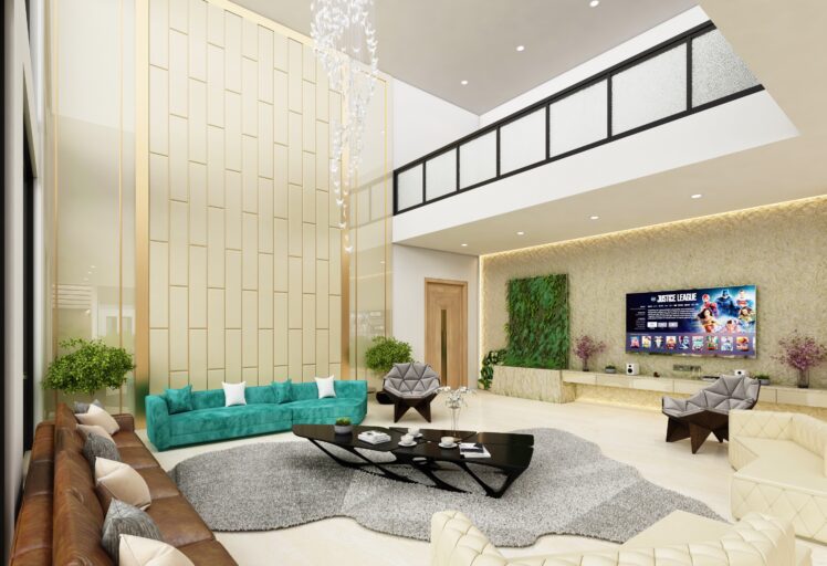 Spacious modern living room with teal sofa, wall-mounted TV, and double-height ceiling