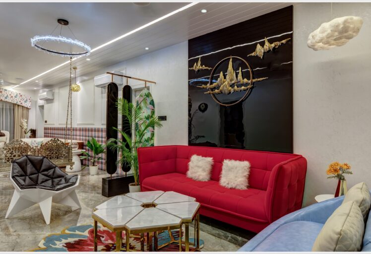 Luxurious living room interior design with bold furniture, artistic decor, and elegant lighting.