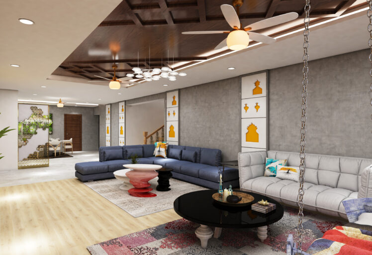 Spacious living room with colorful seating, ceiling fans, wall art, and modern decor elements.